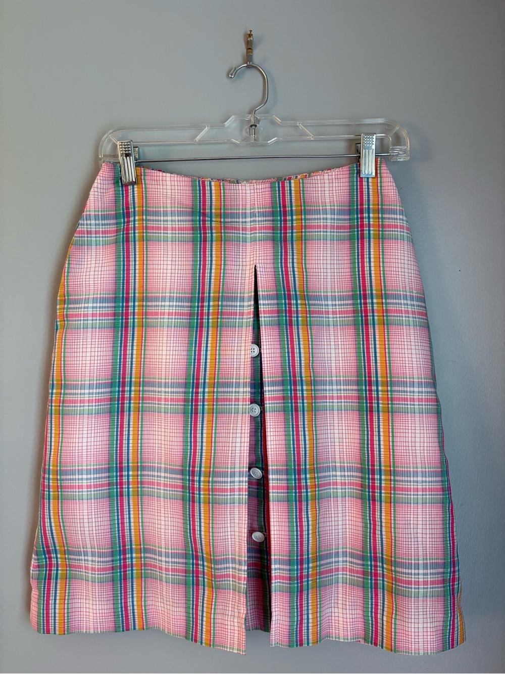 Vintage Royal Stuart Pink Plaid Front Inverted Pleat Skirt from 1970s